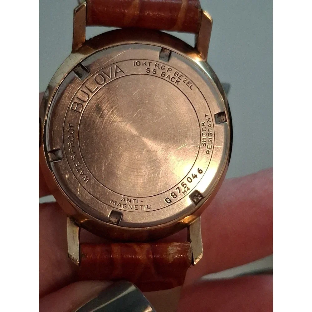 Bulova G875046 17 Jewel Manual Wind, 10KT RGB Mens Watch. Brown Leather Band.